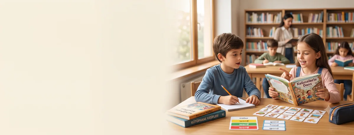 Een 7-jarig kind dat een boek vasthoudt en vrolijk kletst met vriendjes